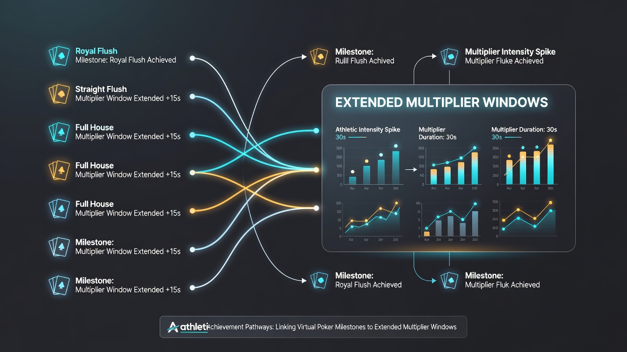 Flowchart diagram of poker milestones connecting to extended sports multipliers