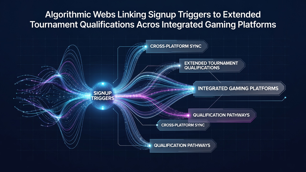 Diagram showing algorithmic connections between user signups and tournament qualification paths on gaming platforms