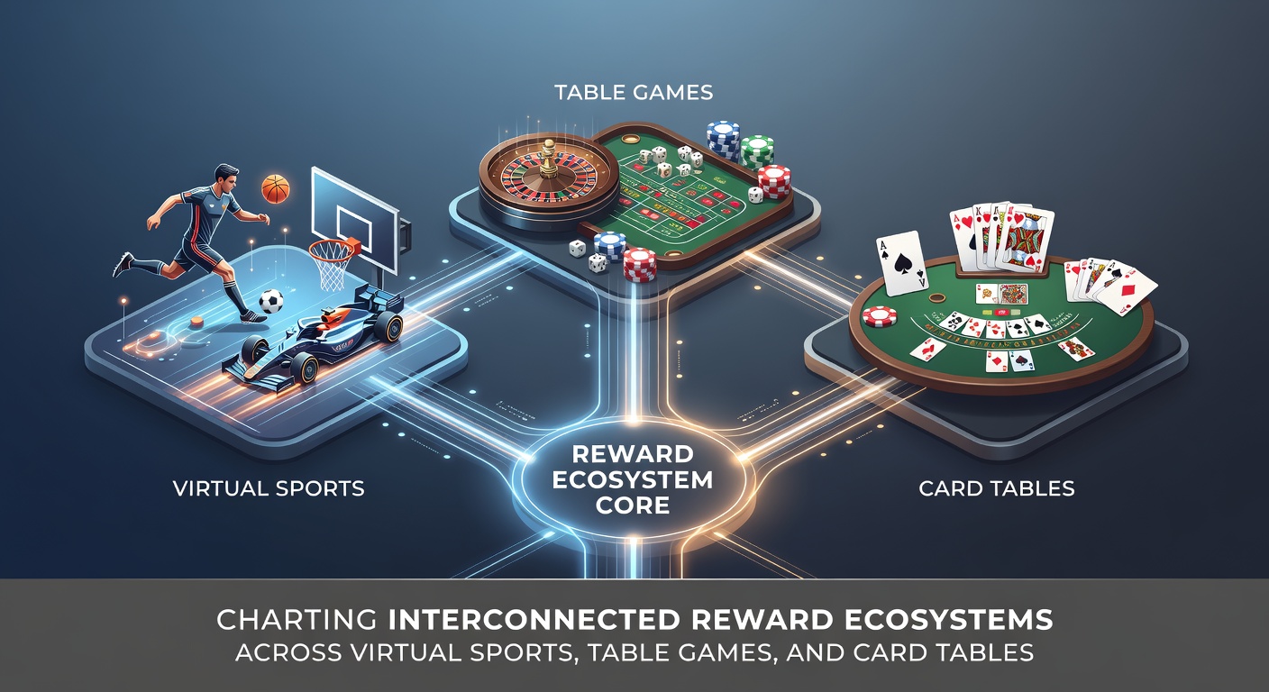 Detailed view of reward flow between virtual sports simulations, table game sessions, and poker card tables