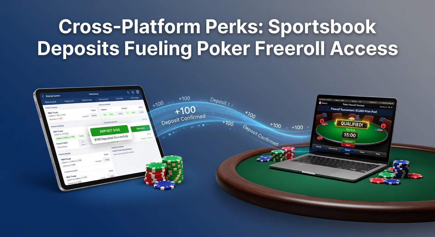 Digital interface showing sportsbook deposit screen transitioning to poker freeroll tournament lobby, highlighting seamless cross-platform access