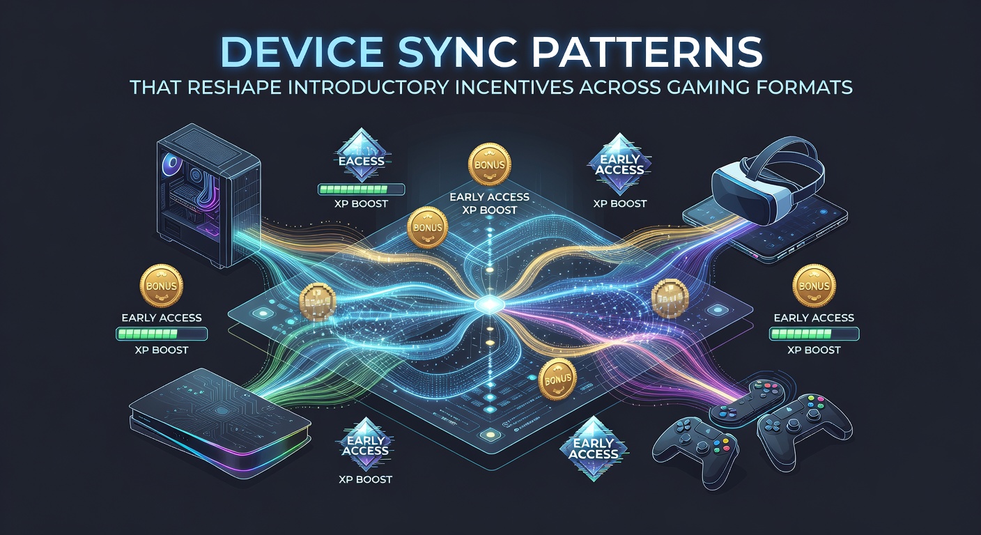 Illustration showing synchronized mobile tablet and desktop devices displaying unified gaming bonus interfaces across casino sportsbook and poker platforms