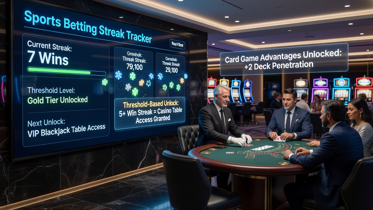 Diagram showing how consecutive sports betting activity translates into casino table access and card tournament seats