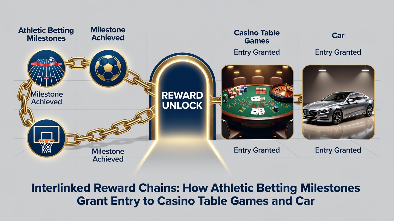 Diagram showing how sports betting progress unlocks casino and poker contest entries through reward chains