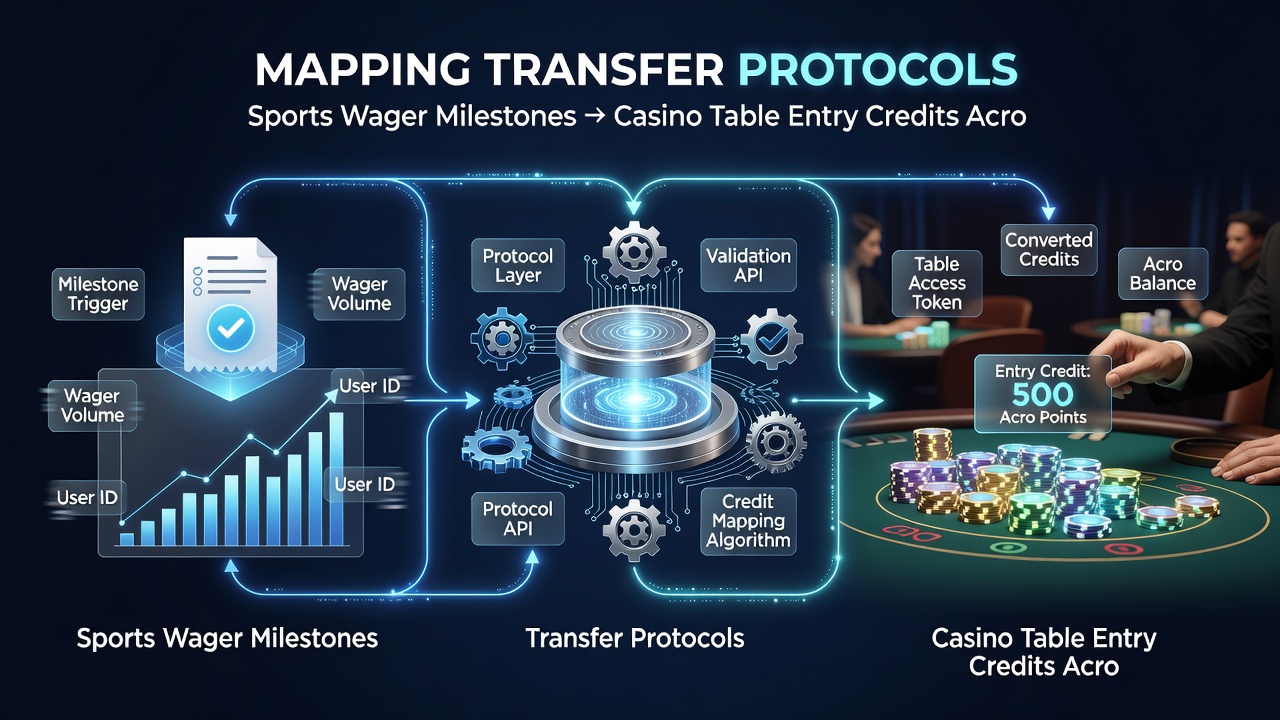 Flowchart illustrating milestone tracking from sports wagers to casino table credits with API connections