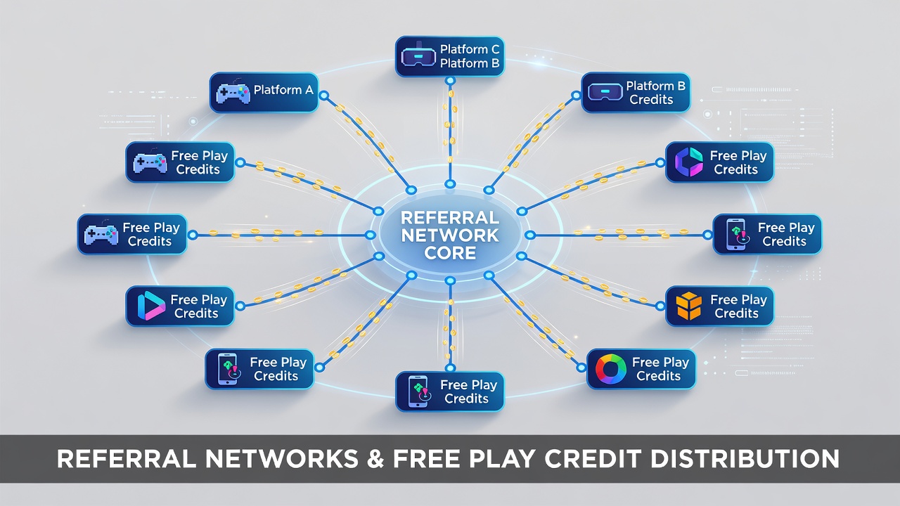 Illustration of API connections and data flows enabling free play credit transfers between gaming platforms