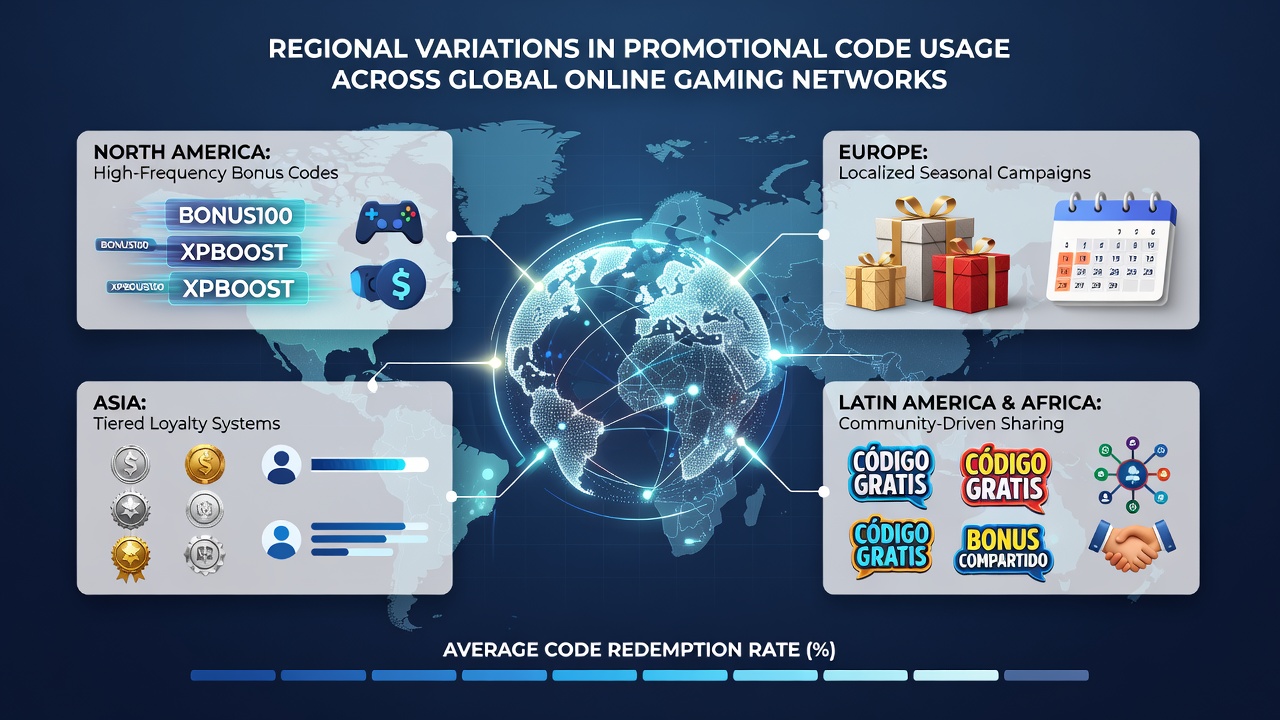Infographic detailing promotional code redemption rates by region in global online gaming as of July 2026