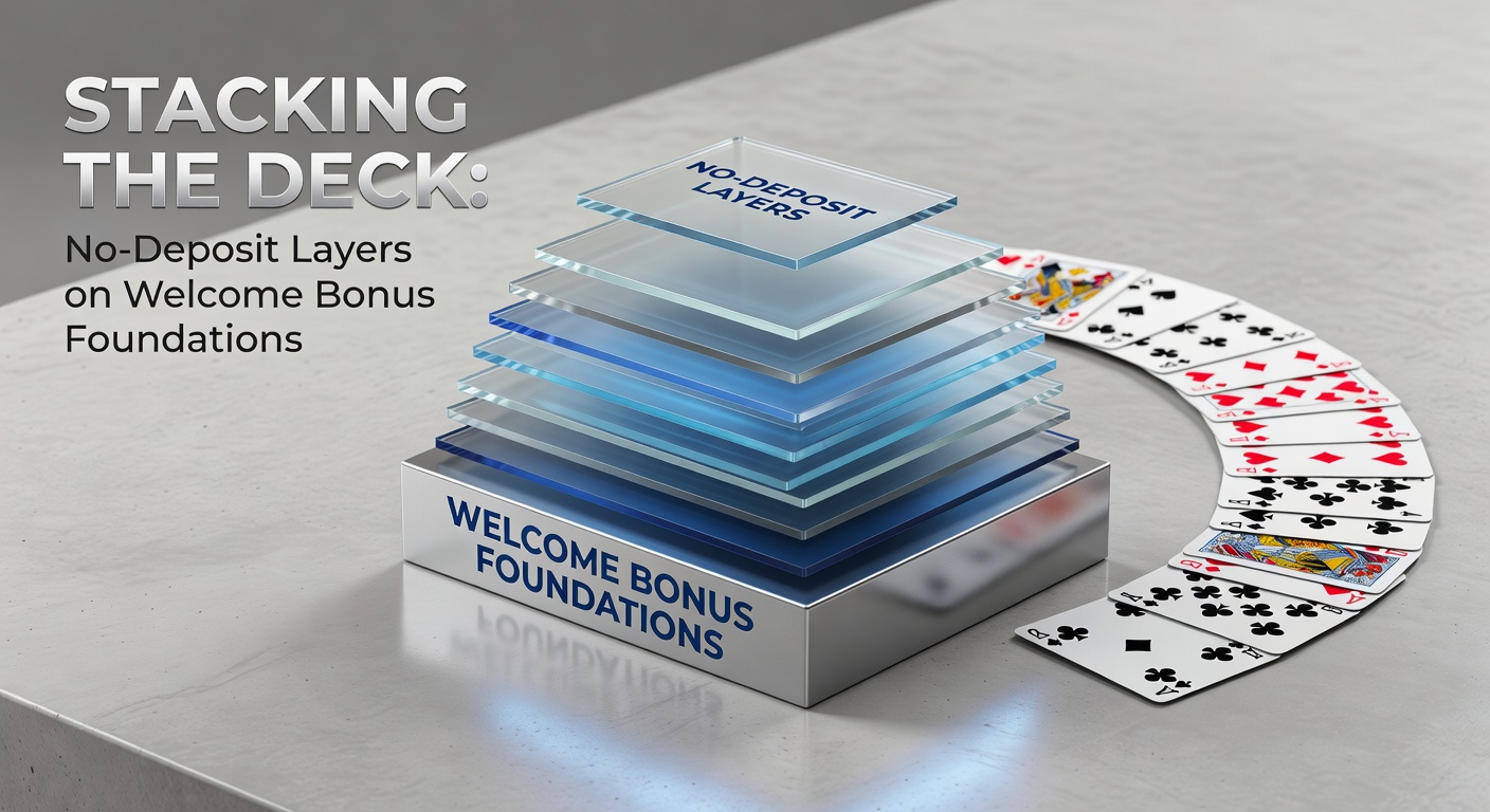 Layered bonus structures depicted as stacked cards on a gambling table, symbolizing no-deposit additions to welcome offers