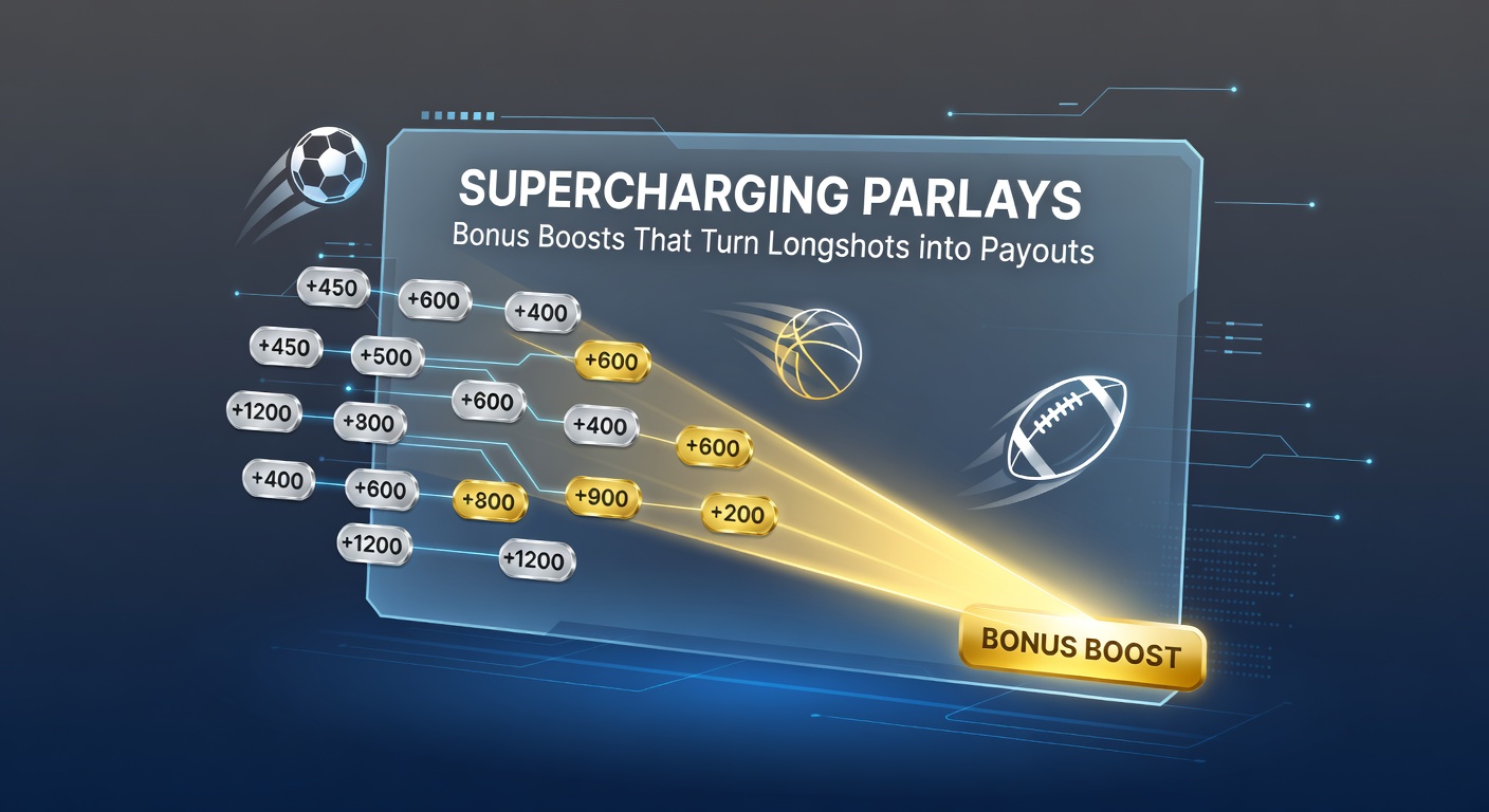 Graphic showing a parlay bet slip with odds boosting up dramatically, turning a modest stake into a massive payout on a sports betting app