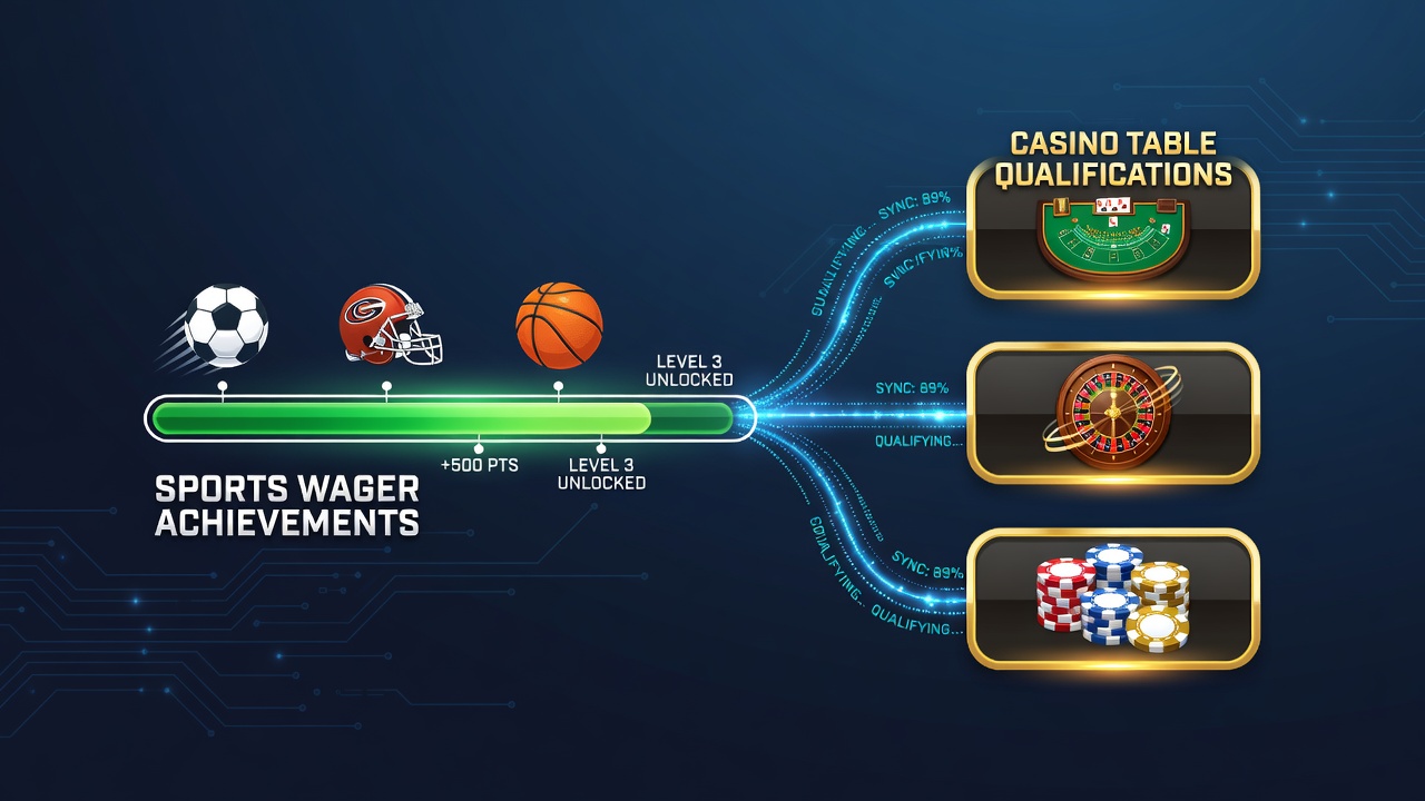 Dashboard view of a synchronized progress tracker showing sports betting achievements converting into casino table game qualifications