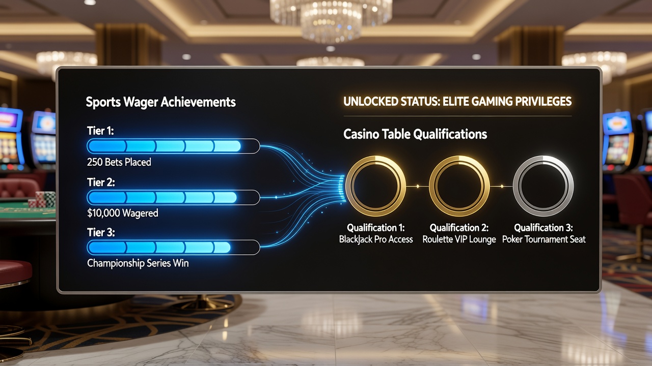 Mobile app interface displaying synced progress from sports wagers toward casino table game entry requirements