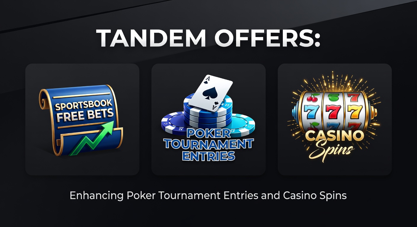 Sportsbook interface showing free bet promotions linked to poker tournament entries and casino spins