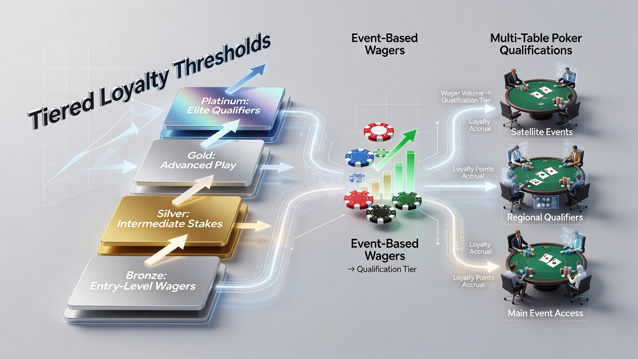 Illustration of interconnected reward flows between sports betting, poker tables, and slot reels