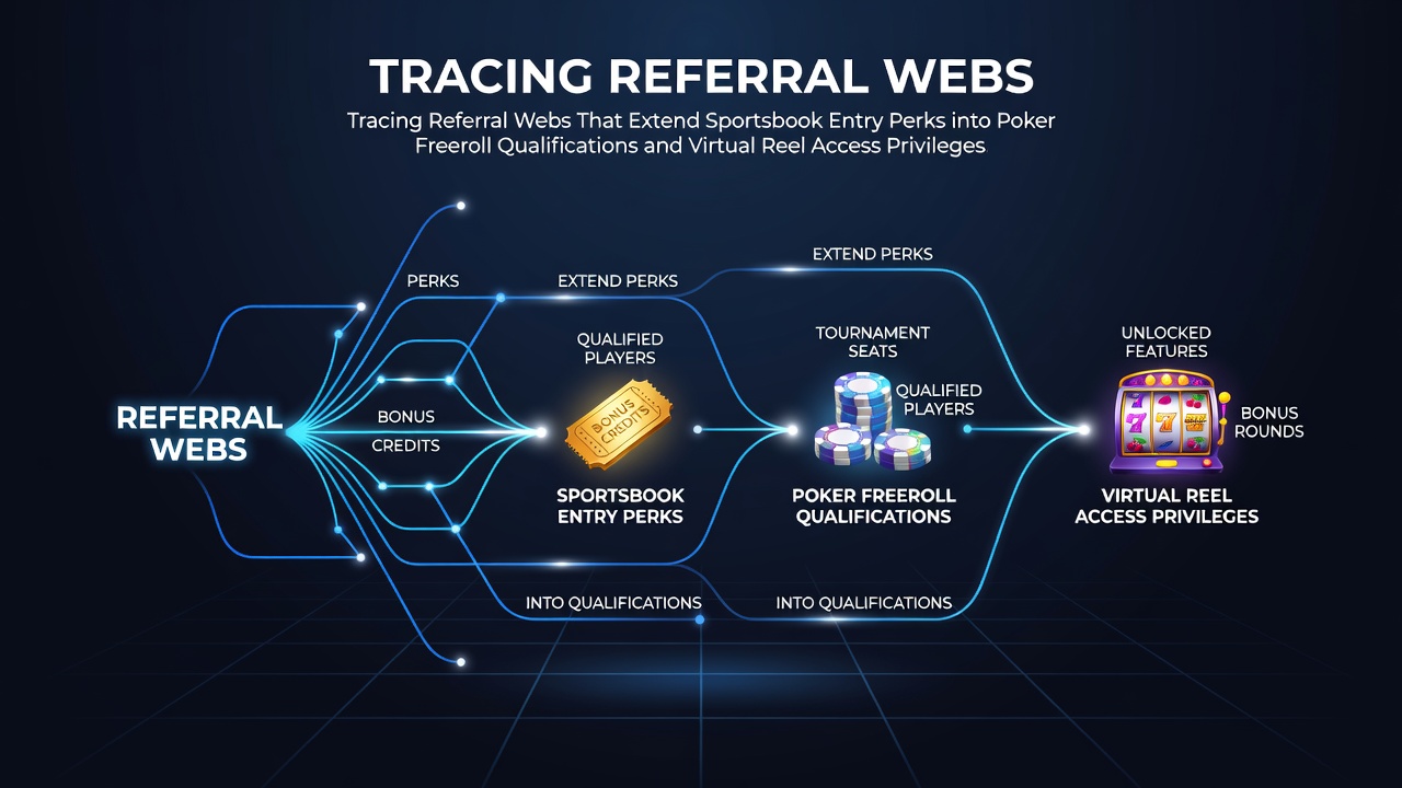Diagram illustrating interconnected referral pathways linking sportsbook entry perks to poker freeroll qualifications and virtual reel access across digital platforms