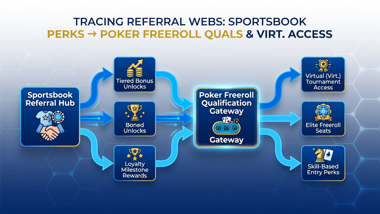 Flowchart depicting how sportsbook referral codes progress into poker freeroll entries and subsequent virtual reel access privileges in multi-platform ecosystems